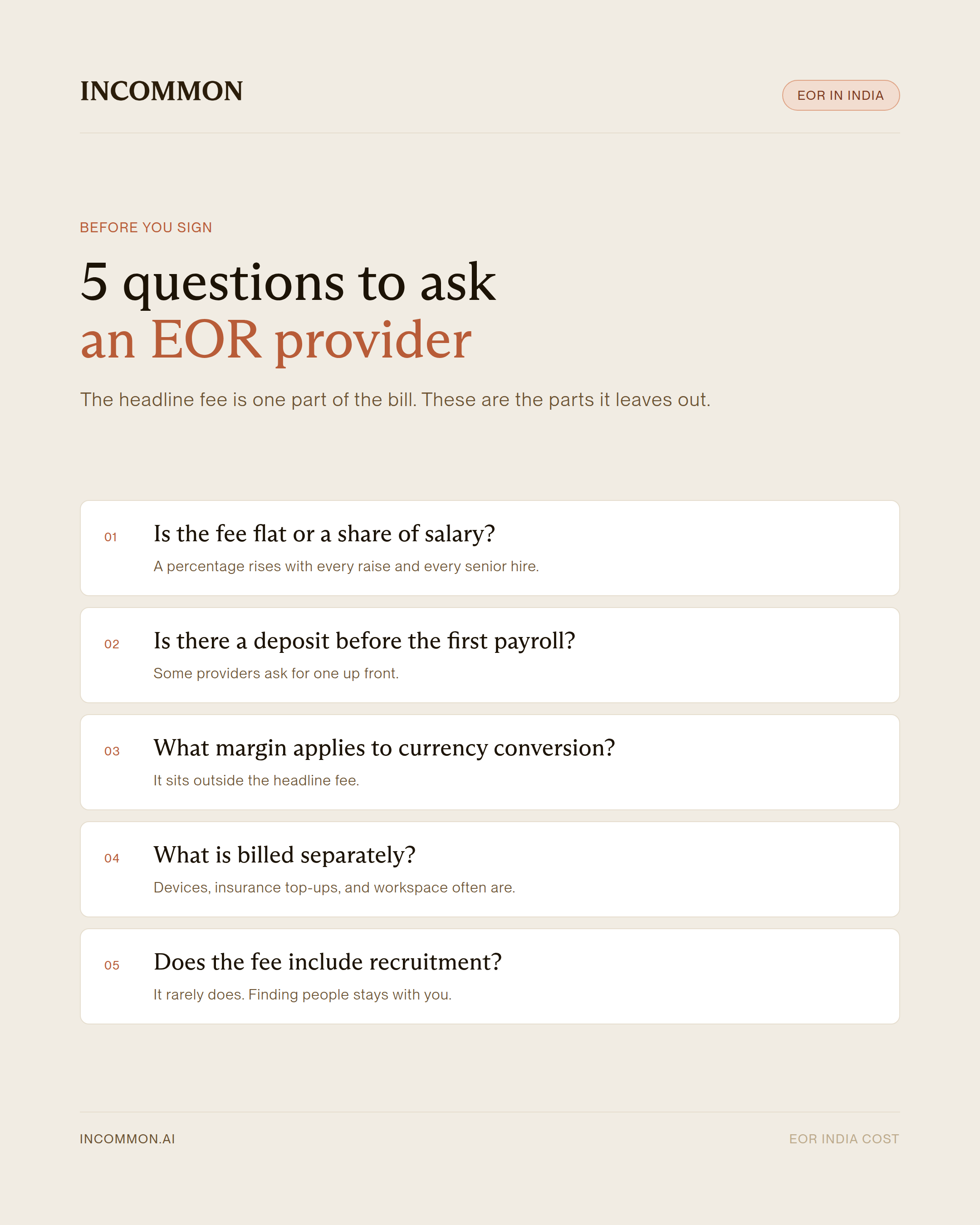 Infographic of five questions to ask an EOR provider in India before you sign, covering fee structure, deposits, currency margins, separate billing, and recruitment