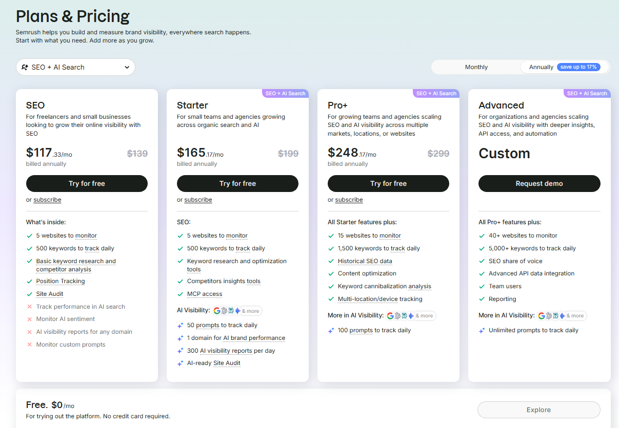 Semrush One pricing plans in October 2026.